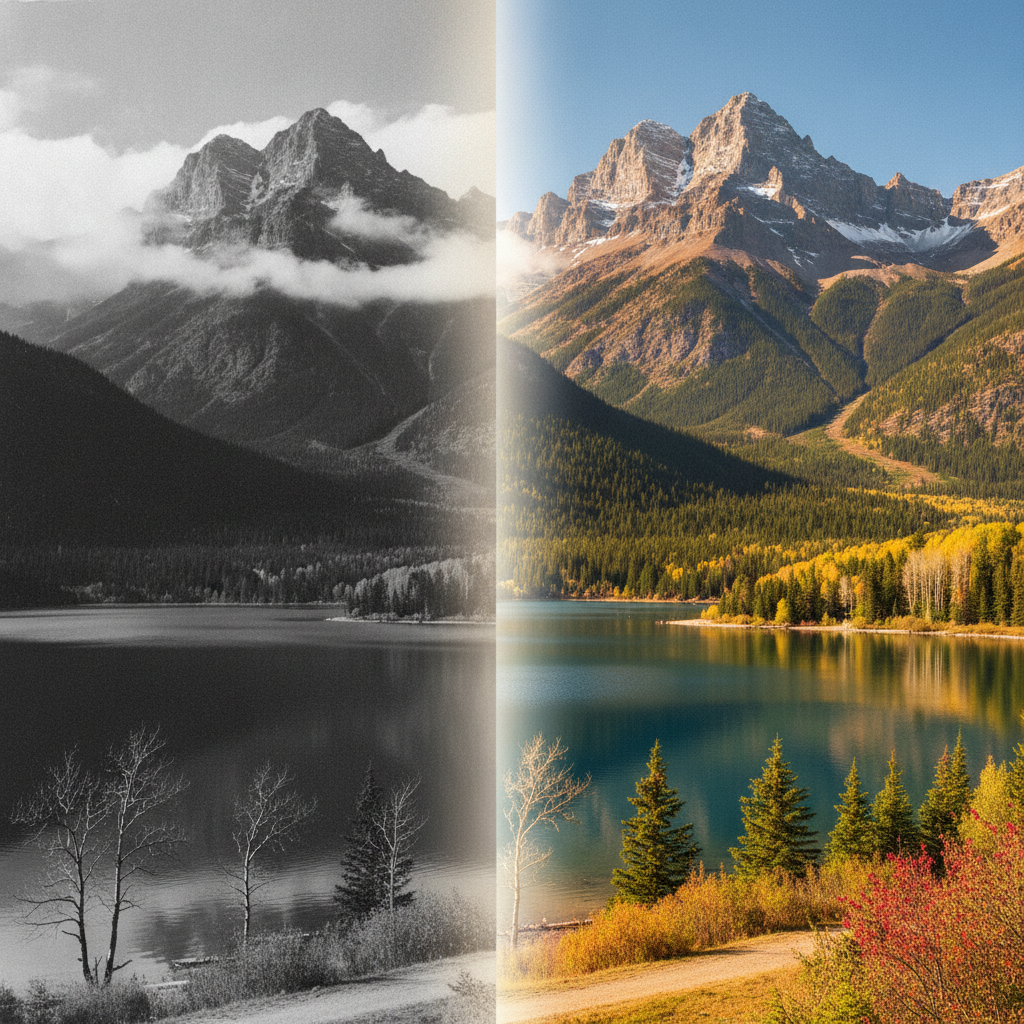 Colorization comparison — a black-and-white landscape transitioning into vibrant full color, AI vs manual concept