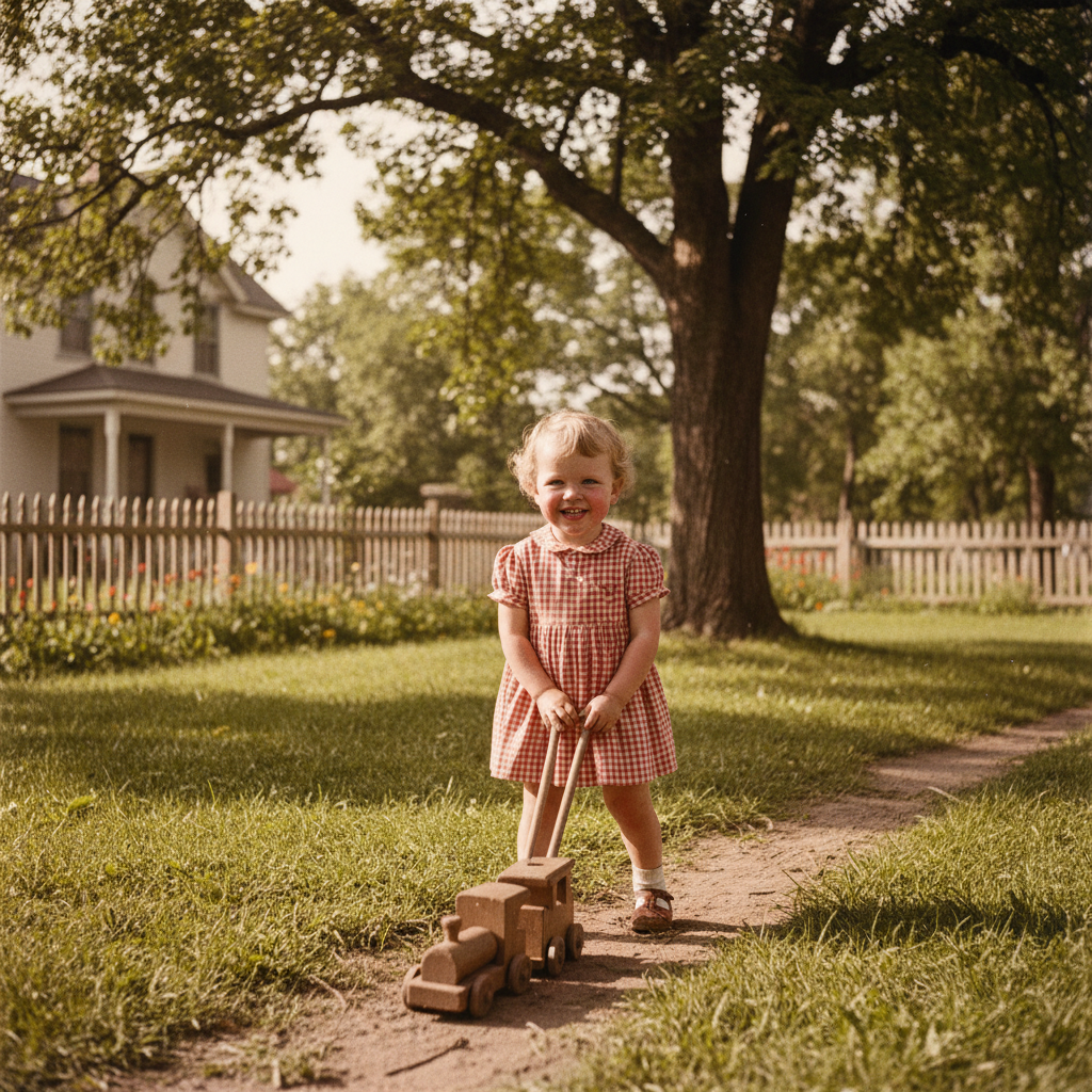 AI colorized vintage 1950s childhood photo with naturally restored warm, sunlit film tones