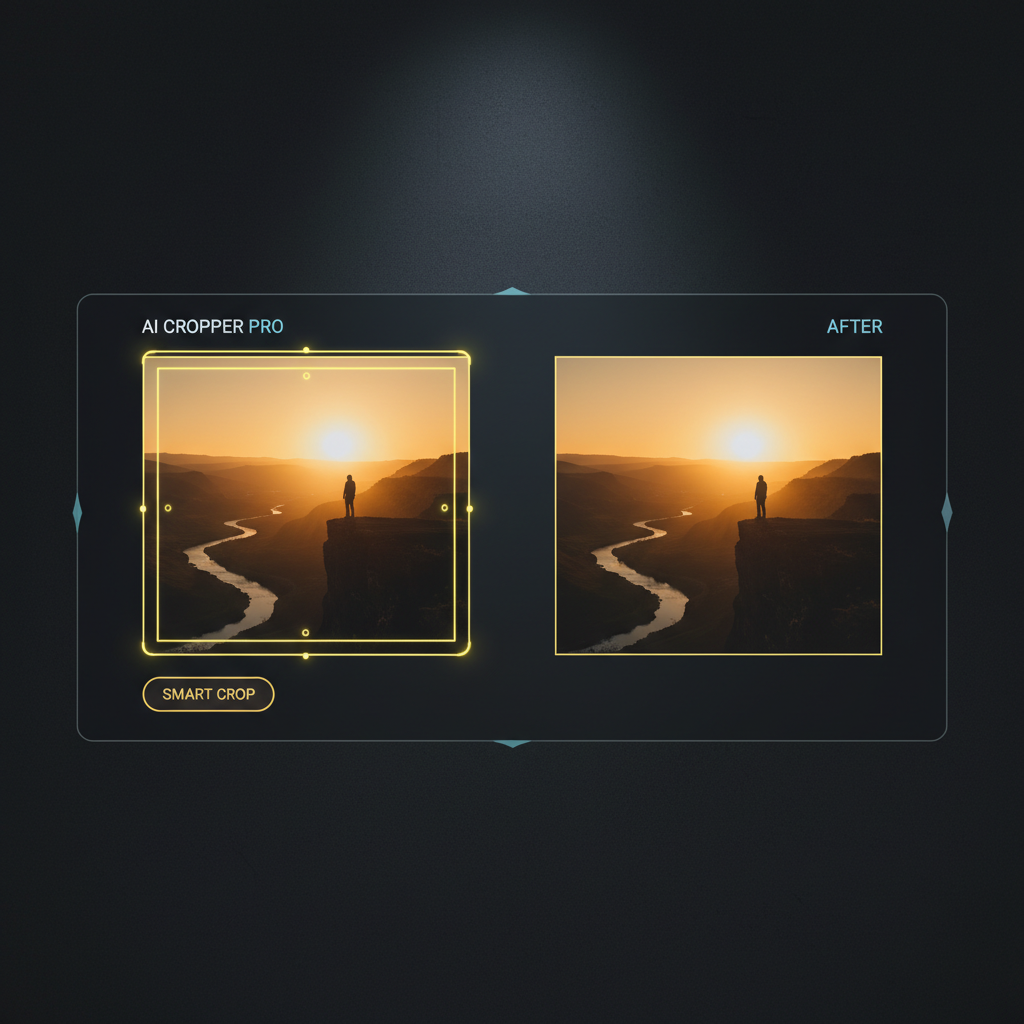 AI image cropper interface visualization showing smart automatic photo cropping with before-and-after frames and yellow crop handles on a golden hour landscape photo