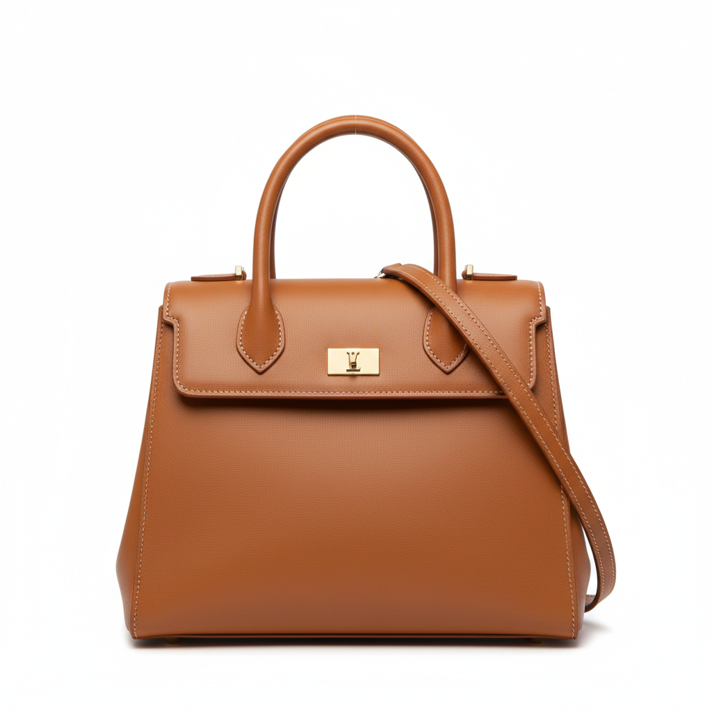 AI image cropper result for e-commerce product — clean studio shot of a luxury leather handbag intelligently cropped to Amazon-ready square aspect ratio with product centered