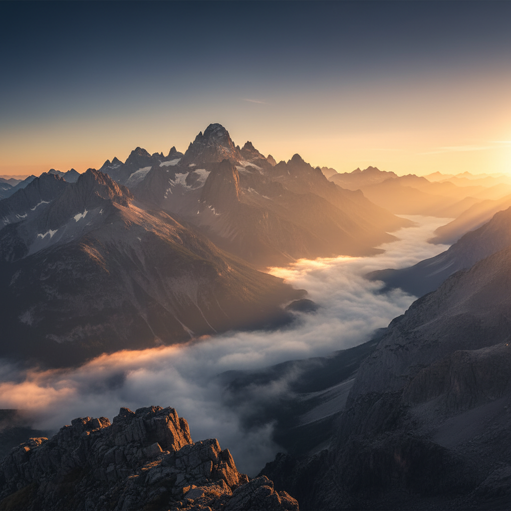 AI image cropper output for blog header — wide cinematic landscape of mountain peaks at sunrise automatically cropped to 16:9 hero banner aspect ratio with optimal composition