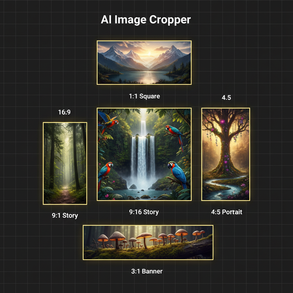 AI image cropper batch processing showing the same nature photo cropped to multiple aspect ratios — 1:1, 4:5, 16:9, 9:16, and 3:1 — with intelligent subject preservation