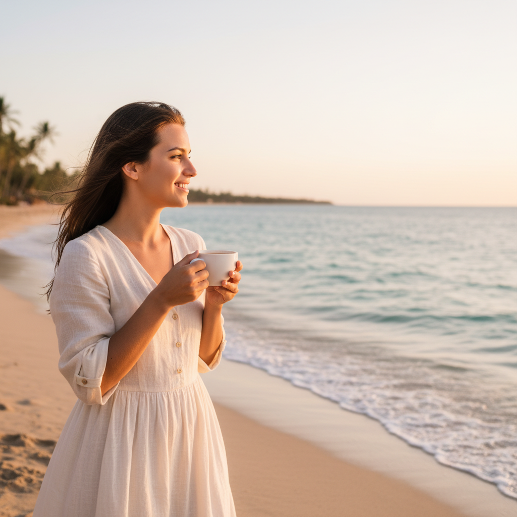 AI image cropper output of a perfectly composed Instagram square crop, smart auto-crop centered on a young woman with golden-hour rim light, balanced rule-of-thirds composition, vibrant turquoise sea background