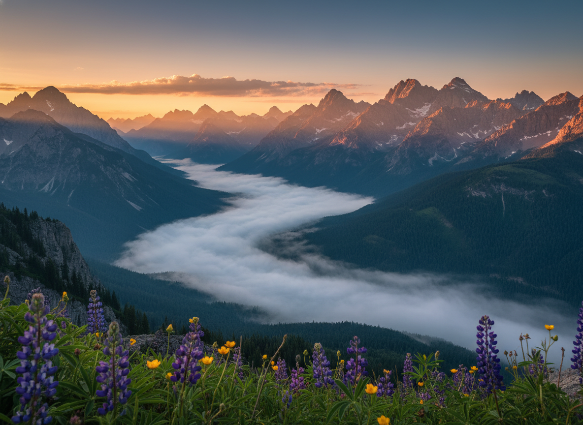 AI image cropper output for a 4:3 landscape print crop, breathtaking mountain valley at golden sunrise with perfectly leveled horizon and rule-of-thirds composition for printed wall art