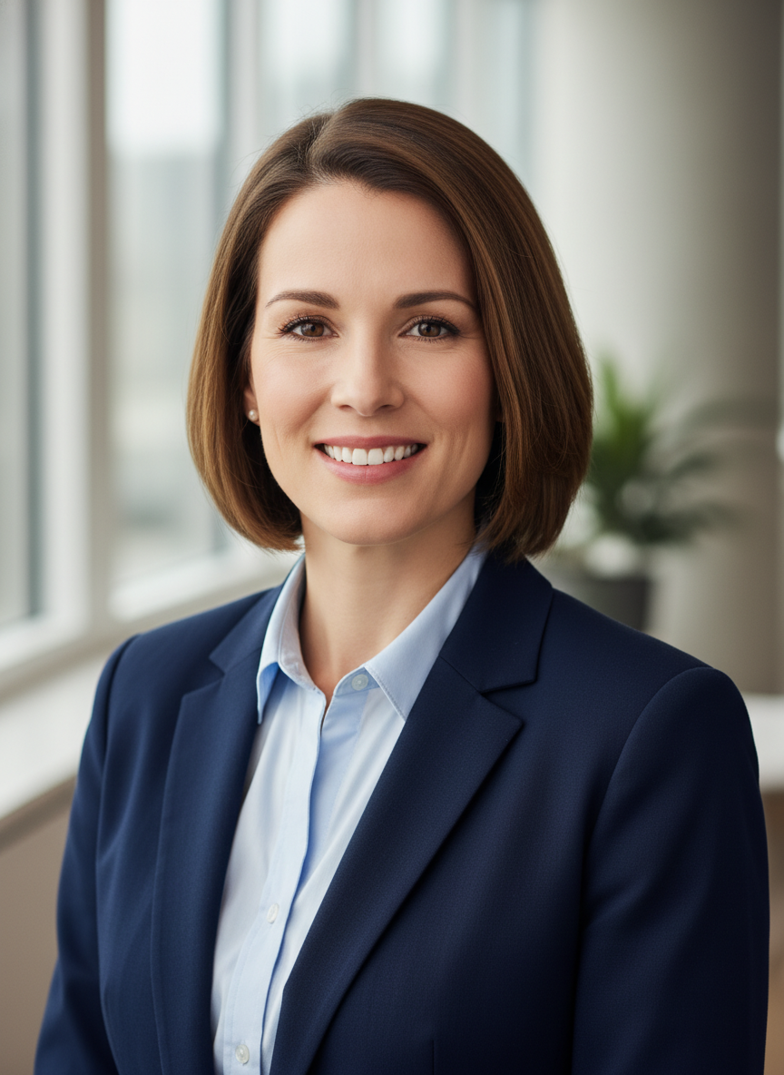 AI image cropper output for a 3:4 portrait LinkedIn headshot crop, smart face-detection auto-crop centered on a confident professional with friendly smile and soft blurred modern office background