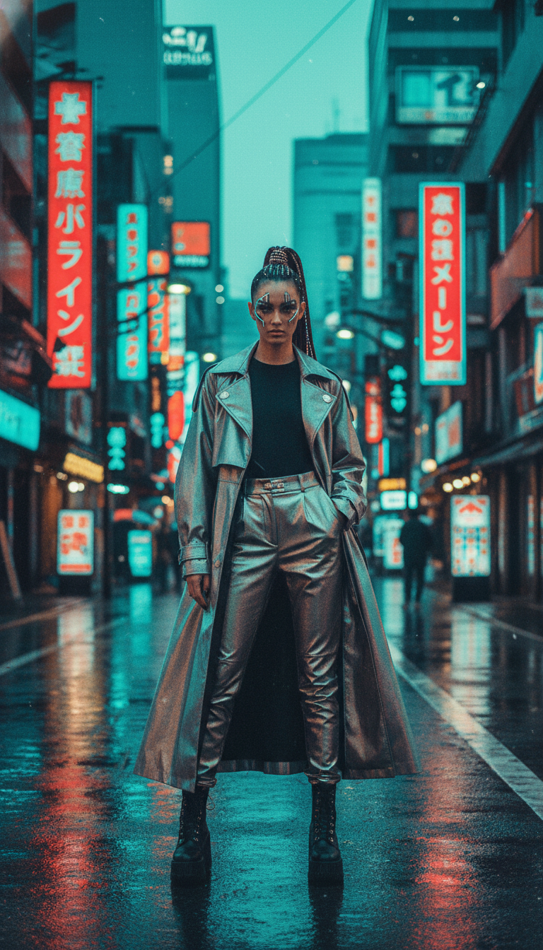 AI image cropper output for a vertical Instagram story crop, full-length editorial fashion model in a Tokyo neon street with smart vertical recompose and cinematic film-grain color grade