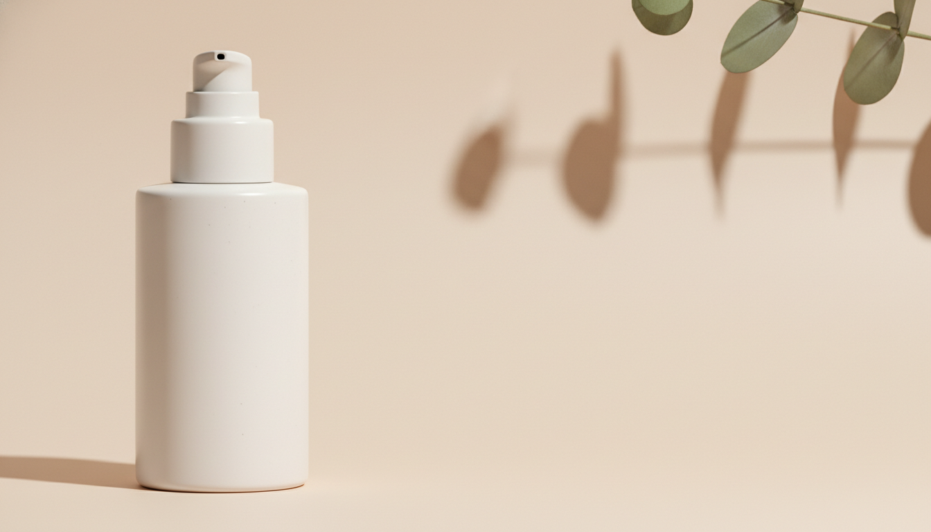 AI image cropper output for a product hero banner crop, premium minimalist white ceramic skincare bottle on the left third with generous clean negative space on the right reserved for headline copy