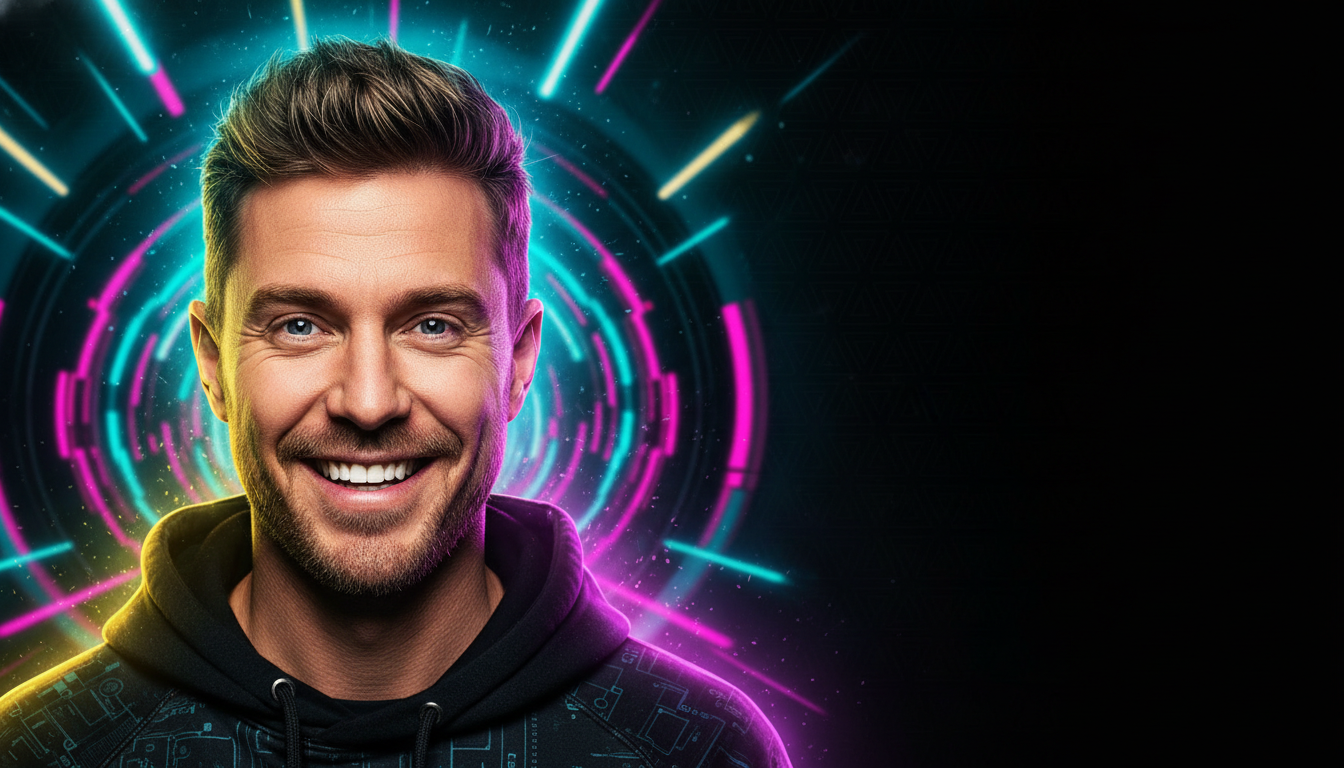 AI image cropper output for a YouTube thumbnail crop, confident creator face on the left third, dynamic cyan and magenta neon background with reserved headline text space on the right