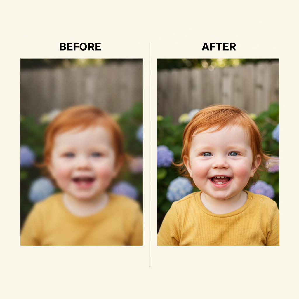 Before and after of a blurry toddler snapshot sharpened with AI image enhancement for year-olds