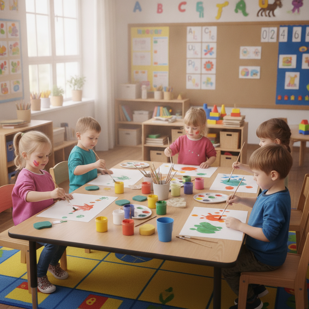 Classroom photo of young children painting, enhanced with AI image tools for children