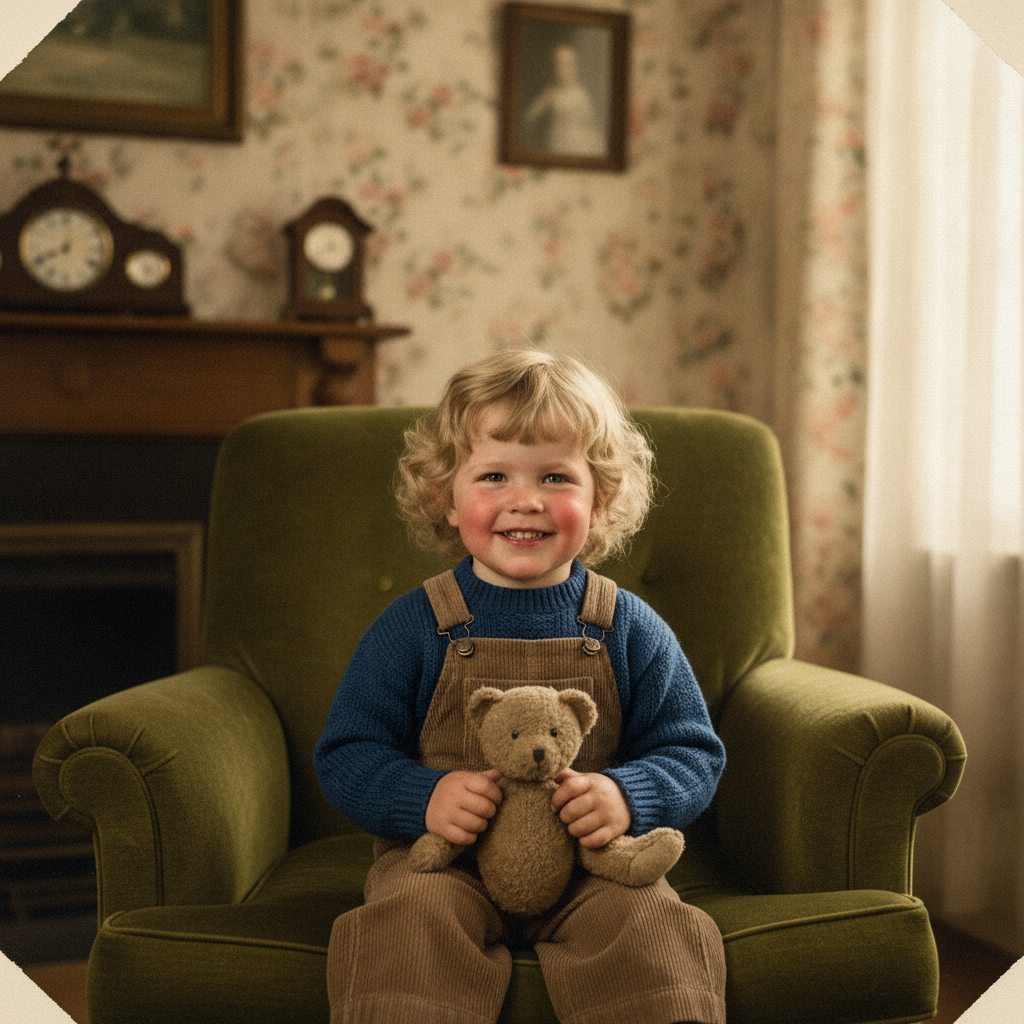 Faded old childhood photograph restored to full color with AI photo restoration