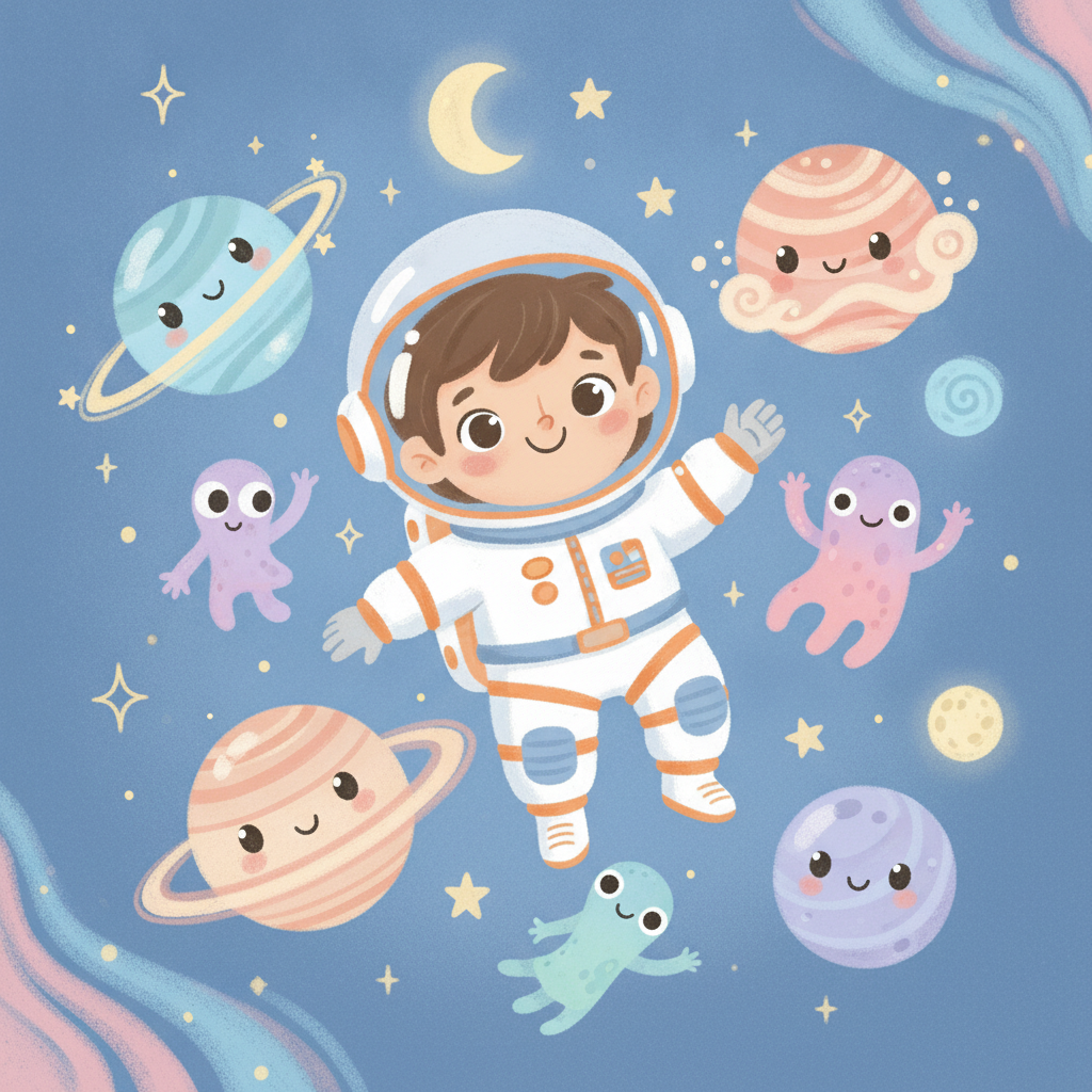 Kid-friendly AI image of a smiling child astronaut in soft storybook illustration style