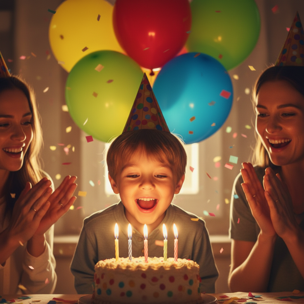 Birthday party photo of a four year old enhanced with warm light and sharp detail