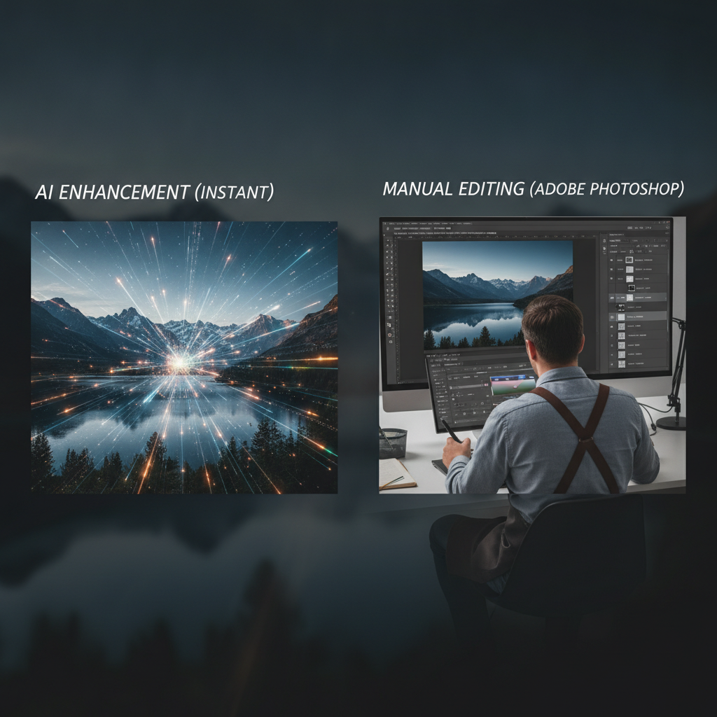 AI image enhancement result — a dim low-light night photo brightened and denoised with recovered detail and natural color