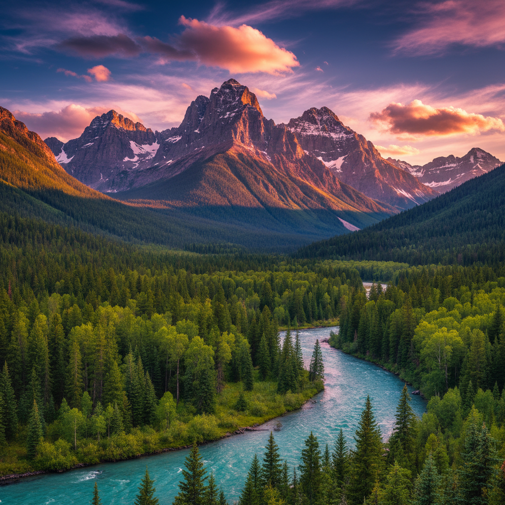 AI image enhancement result — a mountain landscape with vivid color, increased dynamic range and crisp detail from professional color enhancement