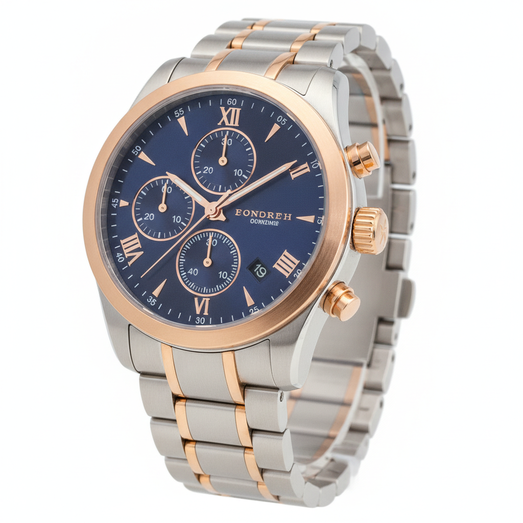 AI image enhancement result — an ecommerce product photo of a luxury watch sharpened to razor clarity on a clean white background