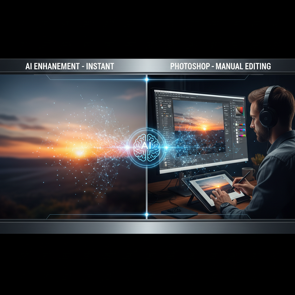 AI image enhancement vs Photoshop split-screen comparison — left side shows a photo enhanced instantly by AI with glowing neural network particles, right side shows a designer manually editing in Photoshop with layers and adjustment panels visible, professional studio lighting