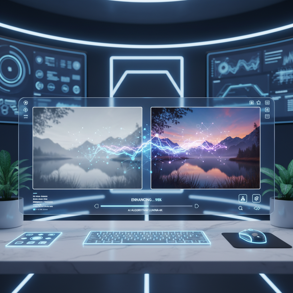 Modern AI image enhancement workspace showing a low-quality blurry photo being transformed into a sharp 4K masterpiece with vibrant colors, AI processing visualization with light effects, futuristic minimal interface