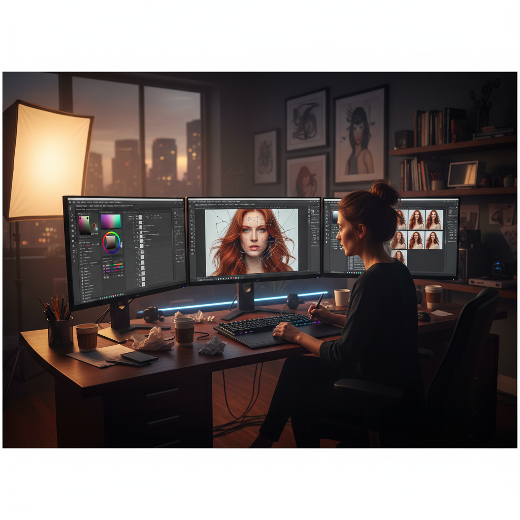 Professional Photoshop editing studio with multiple monitors displaying complex layer masks, adjustment layers, color grading panels, and detailed retouching work on a portrait photo, traditional graphic designer workspace with stylus and tablet
