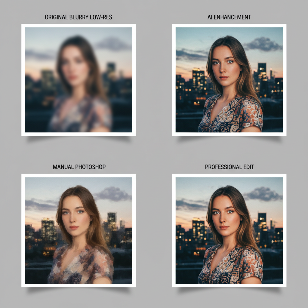 Before and after comparison grid showing four photos: original blurry low-resolution image transformed via AI image enhancement on top, and same image manually edited in Photoshop on bottom, professional gallery presentation