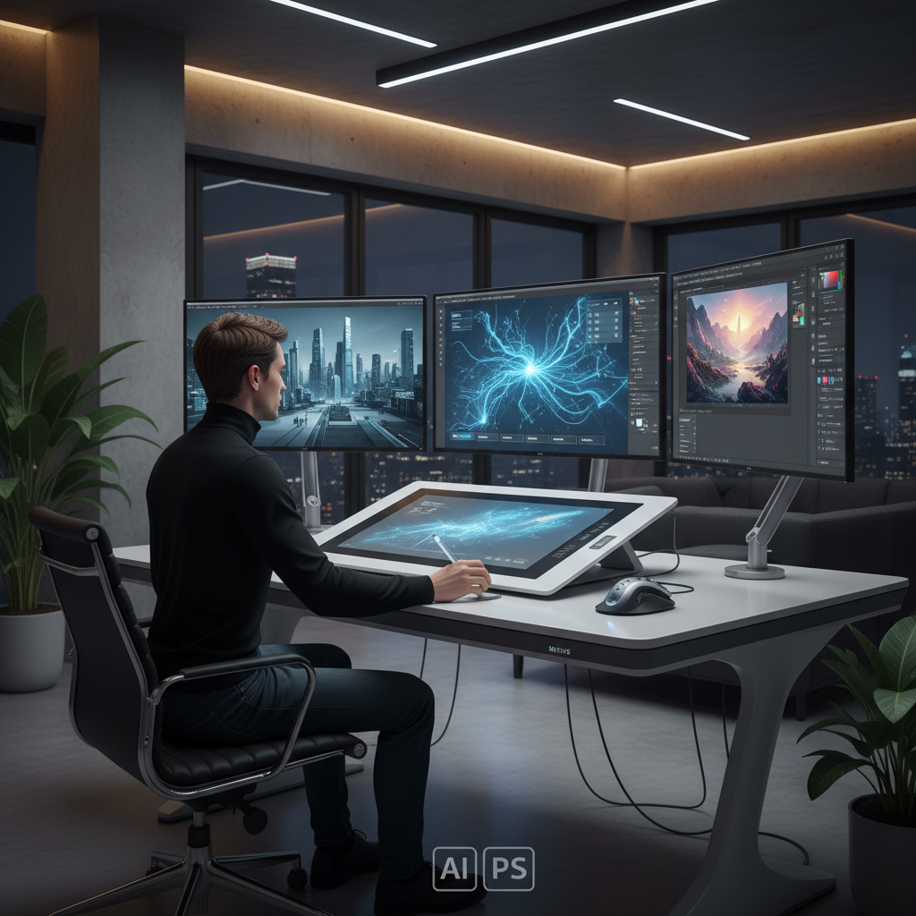 Hybrid digital editing workspace combining AI image enhancement tools and Photoshop, modern designer using both side by side on a sleek studio desk with multiple displays, glowing AI interface alongside traditional Photoshop panels