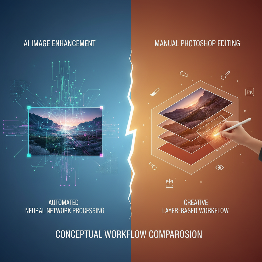 Conceptual visualization of AI image enhancement vs Photoshop — split image showing automated AI processing with neural network glowing patterns on left and manual Photoshop layer editing with brush tools on right, symbolic creative workflow comparison