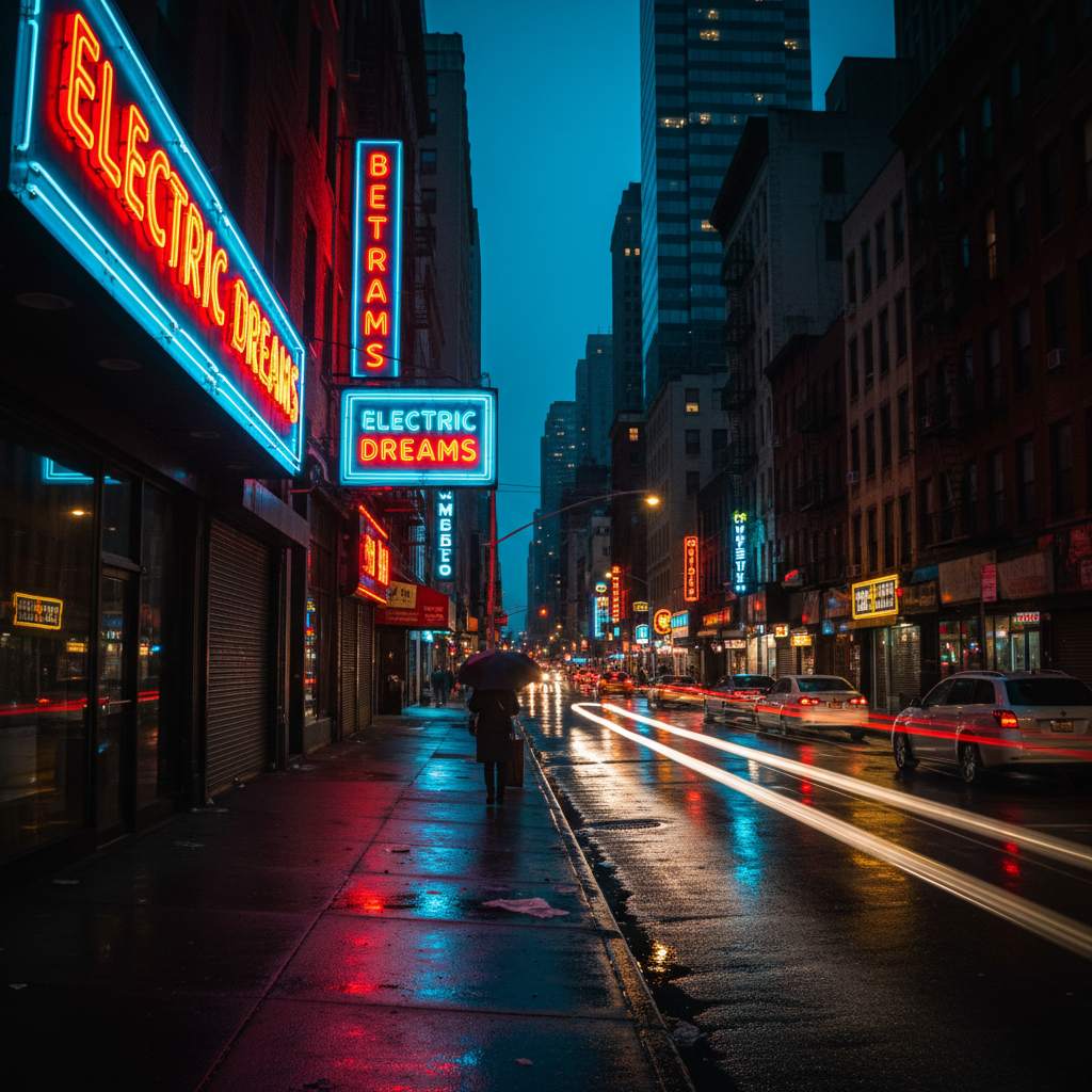 Underexposed nighttime city street photo brightened by the AI image enhancer with glowing neon signs and recovered shadow detail