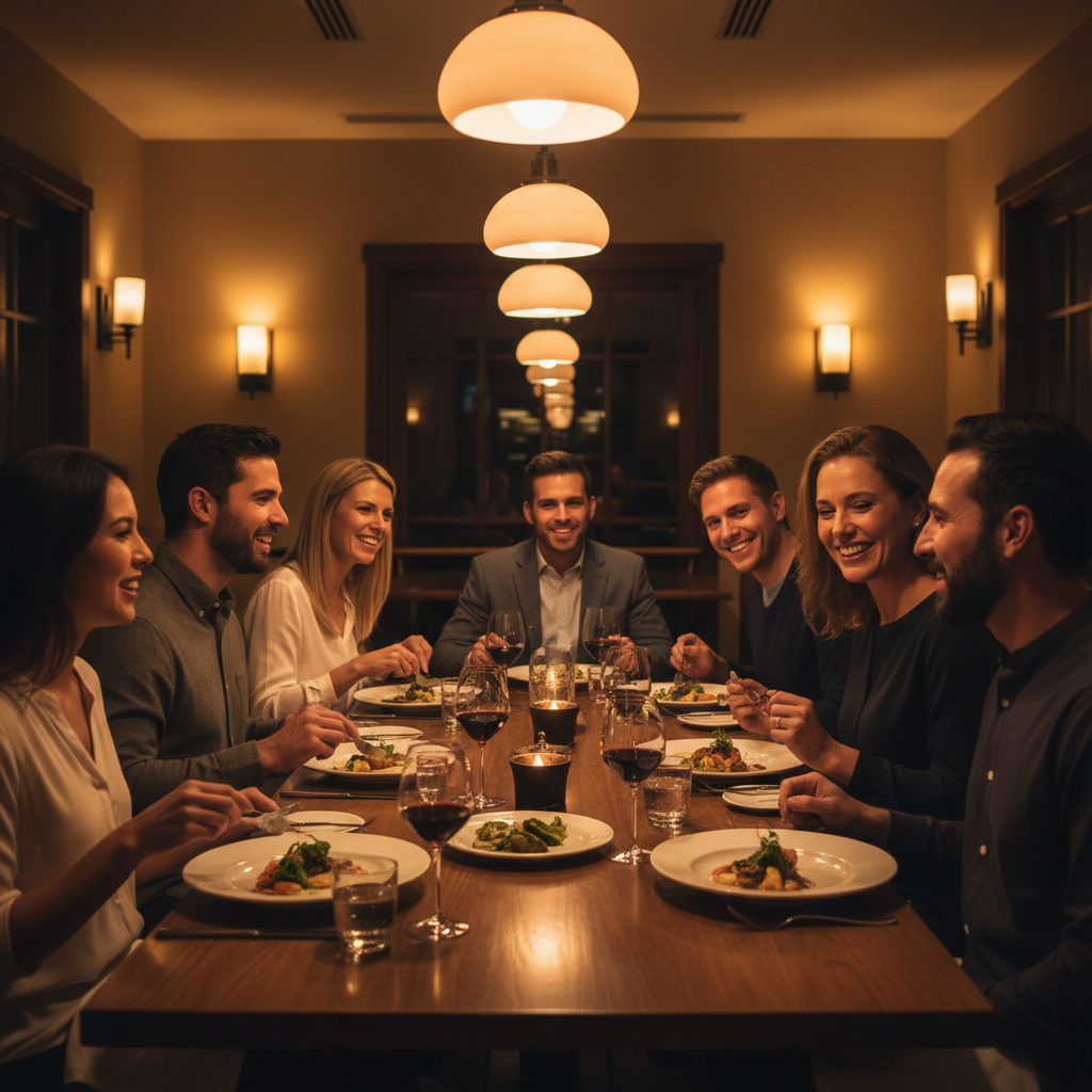 Dim indoor dinner party scene enhanced to reveal faces clearly while preserving the warm restaurant ambiance with reduced grain