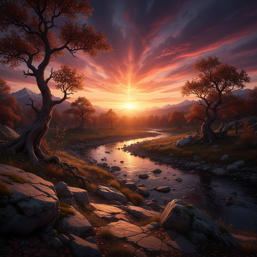 Dark sunset landscape brightened to reveal rich foreground detail while preserving the dramatic colorful sky