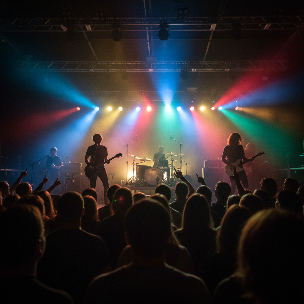 Dim concert photo with stage lights enhanced to a crisp bright image with recovered detail and reduced noise