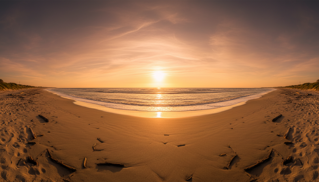 AI image extender result — a vertical beach photo extended into a wide horizontal sunset panorama