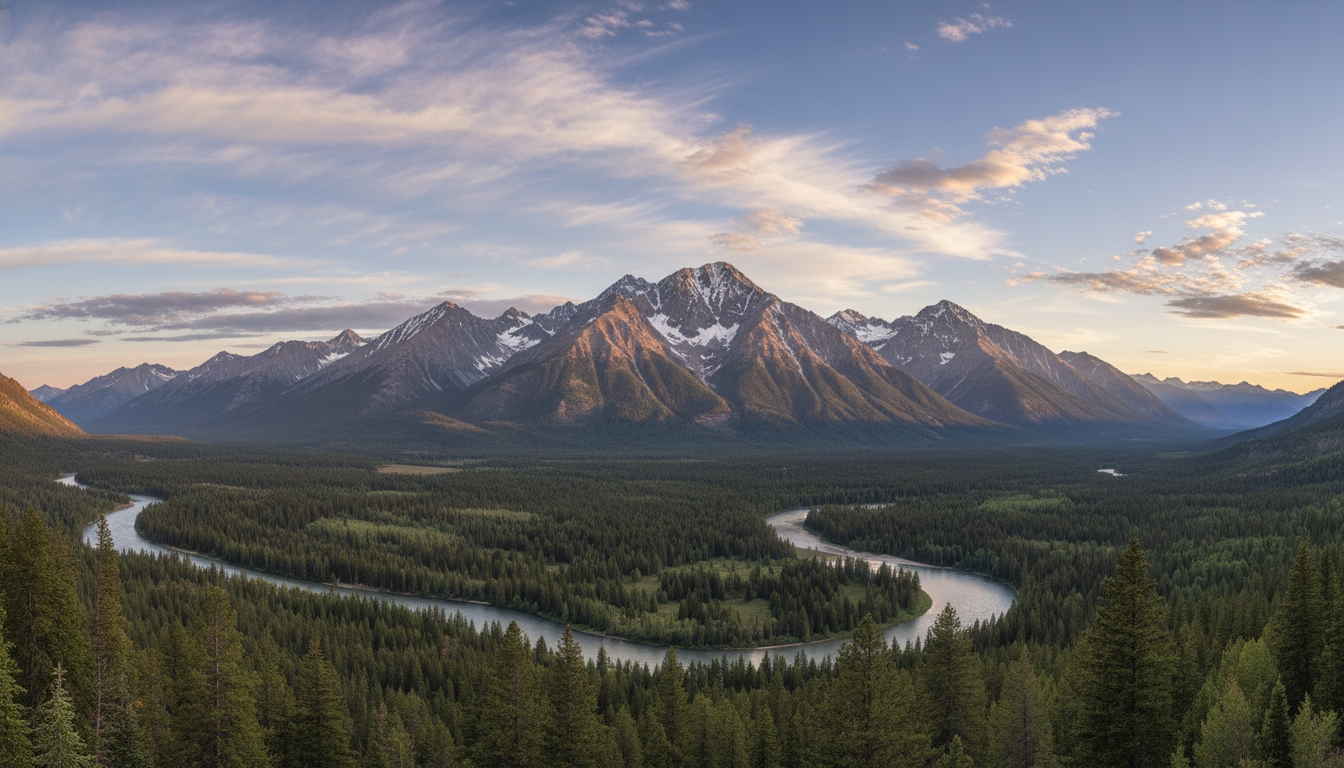 AI image extender result — a landscape photo outpainted into a wide panorama with seamless matching sky and mountains