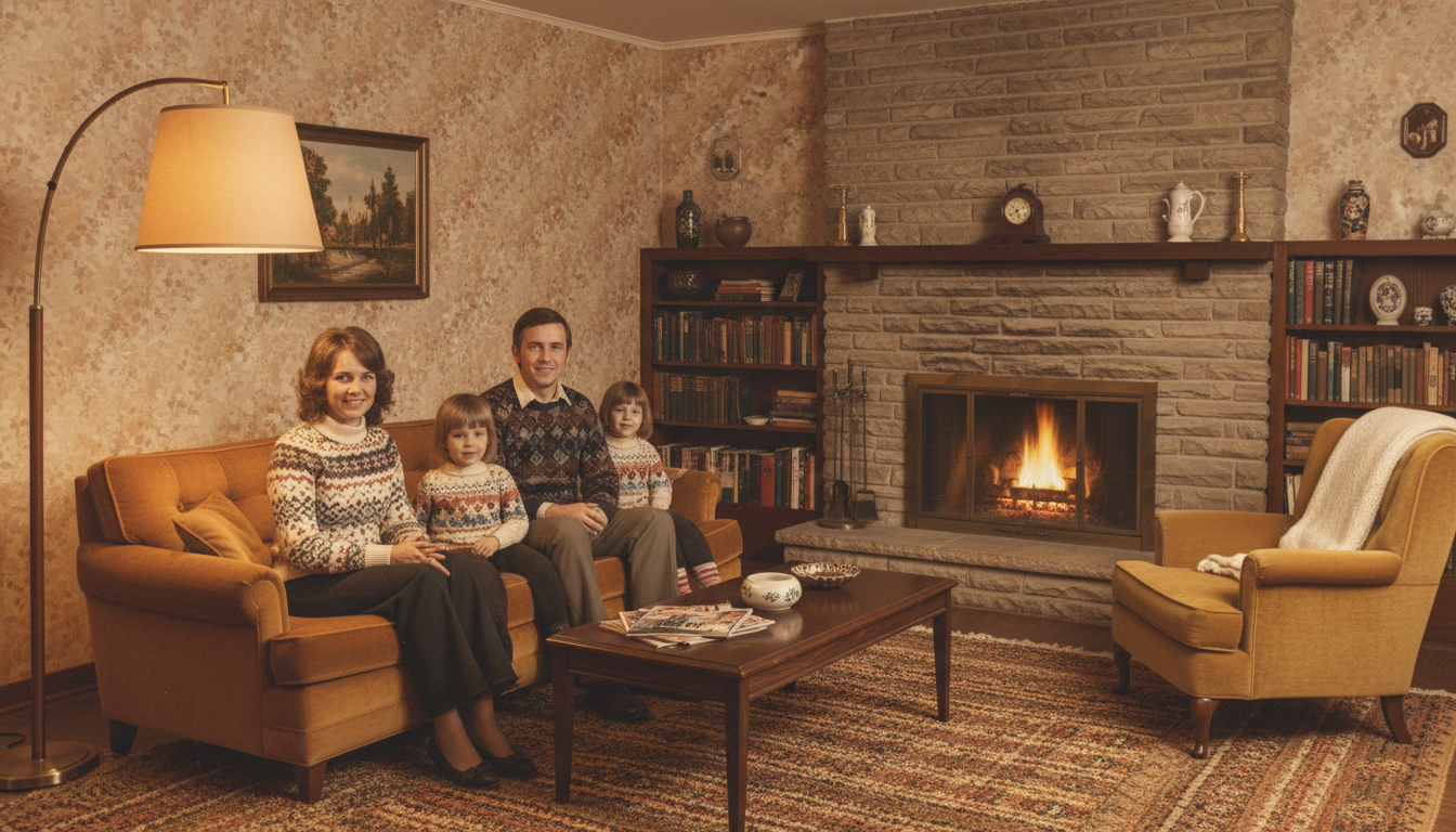 AI image extender result — an old family photo uncropped to reveal a complete living room scene