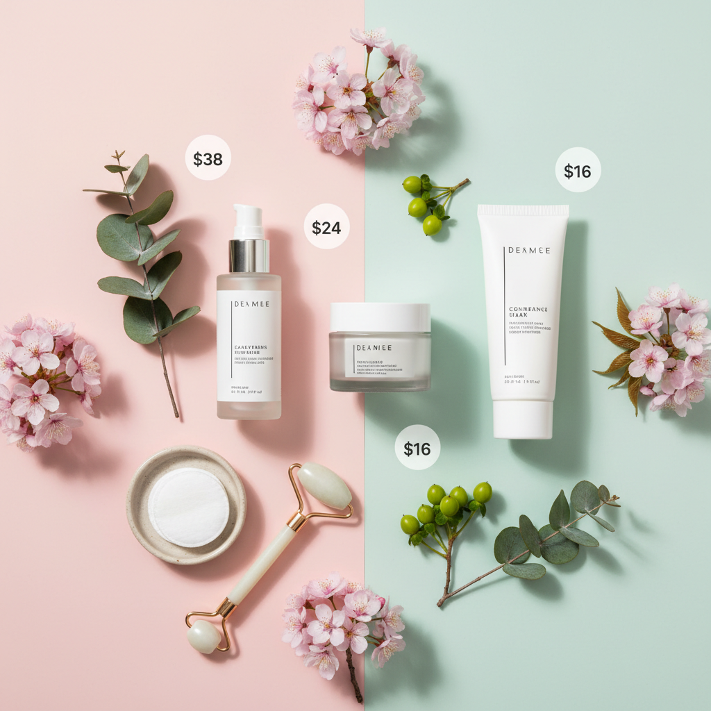 AI social commerce flat-lay of skincare products with botanicals for a shopping feed