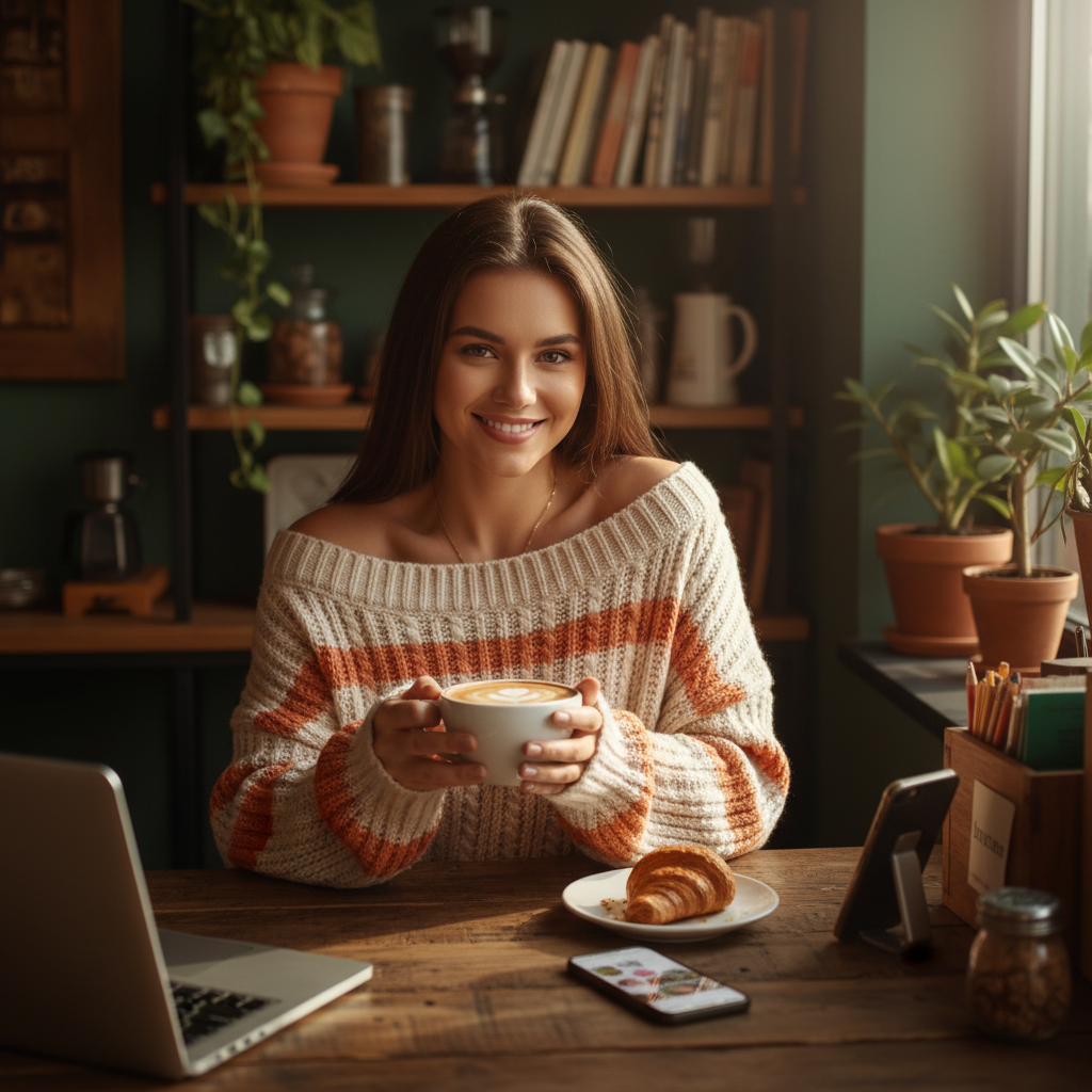 AI images for social commerce lifestyle shot of a model wearing a knit sweater in a cafe