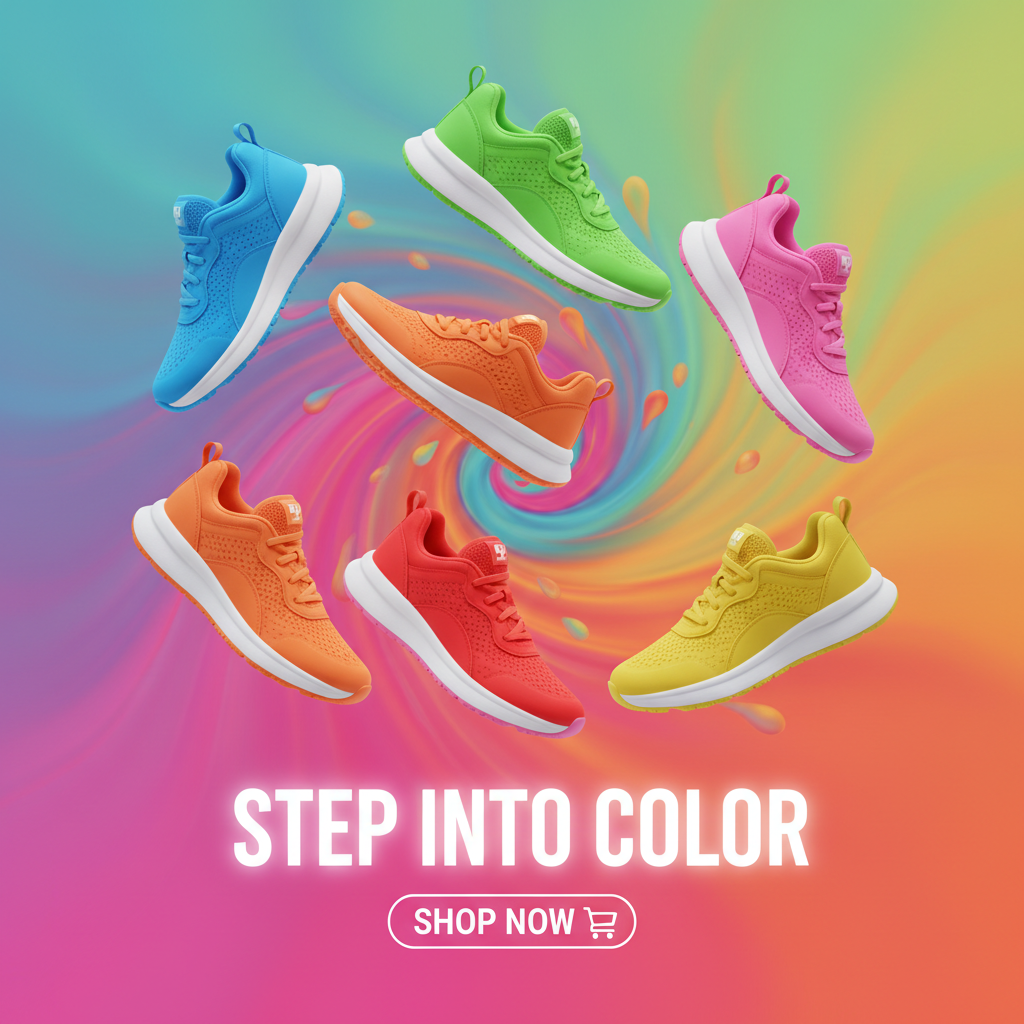 AI social commerce ad image of colorful sneakers on a bold gradient background