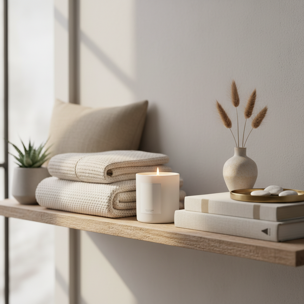 AI images for social commerce lifestyle scene of a scented candle and home decor