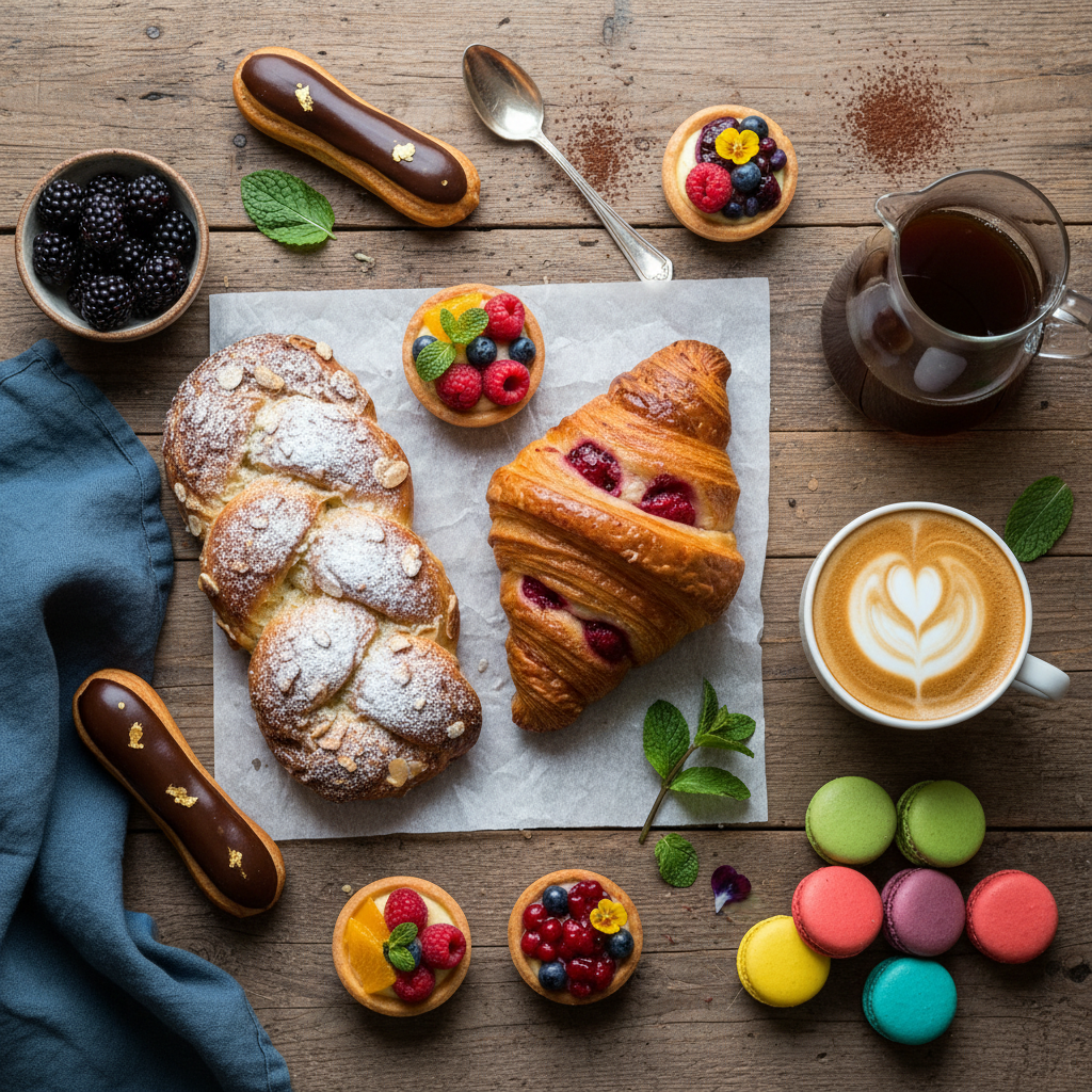 AI social commerce food flat-lay of artisan pastries and coffee for an Instagram feed