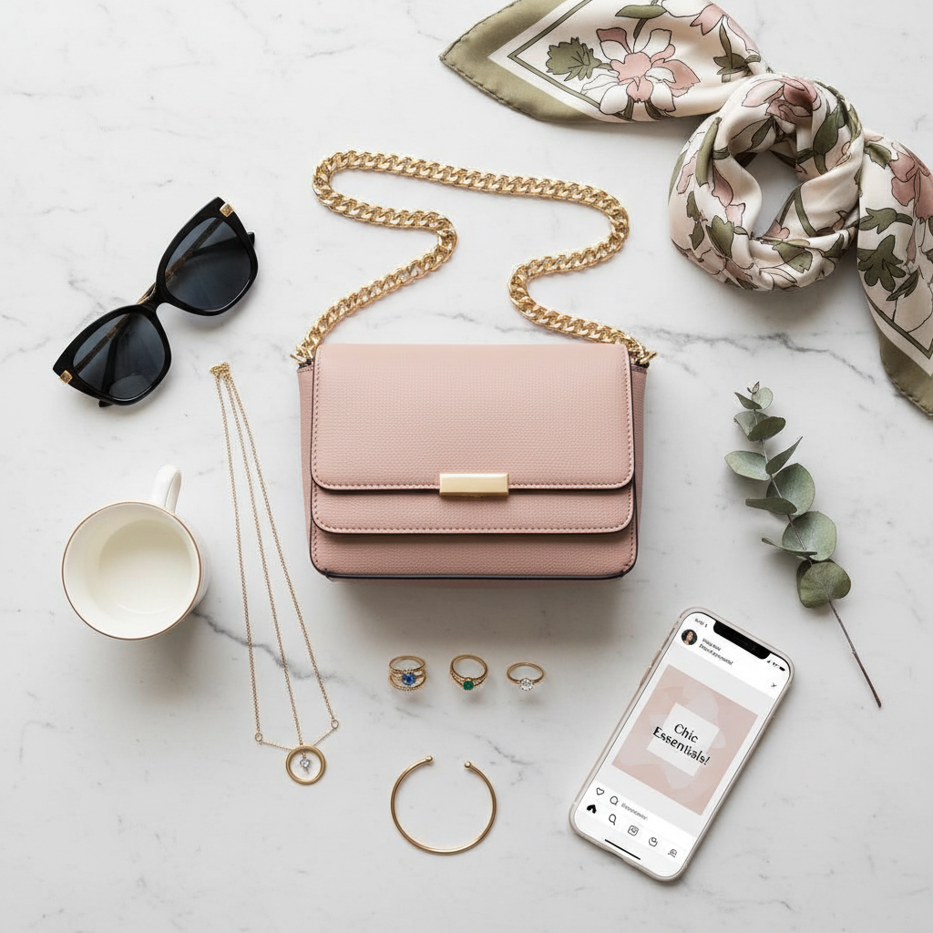 AI image for social media — a trendy fashion influencer flat-lay of stylish accessories