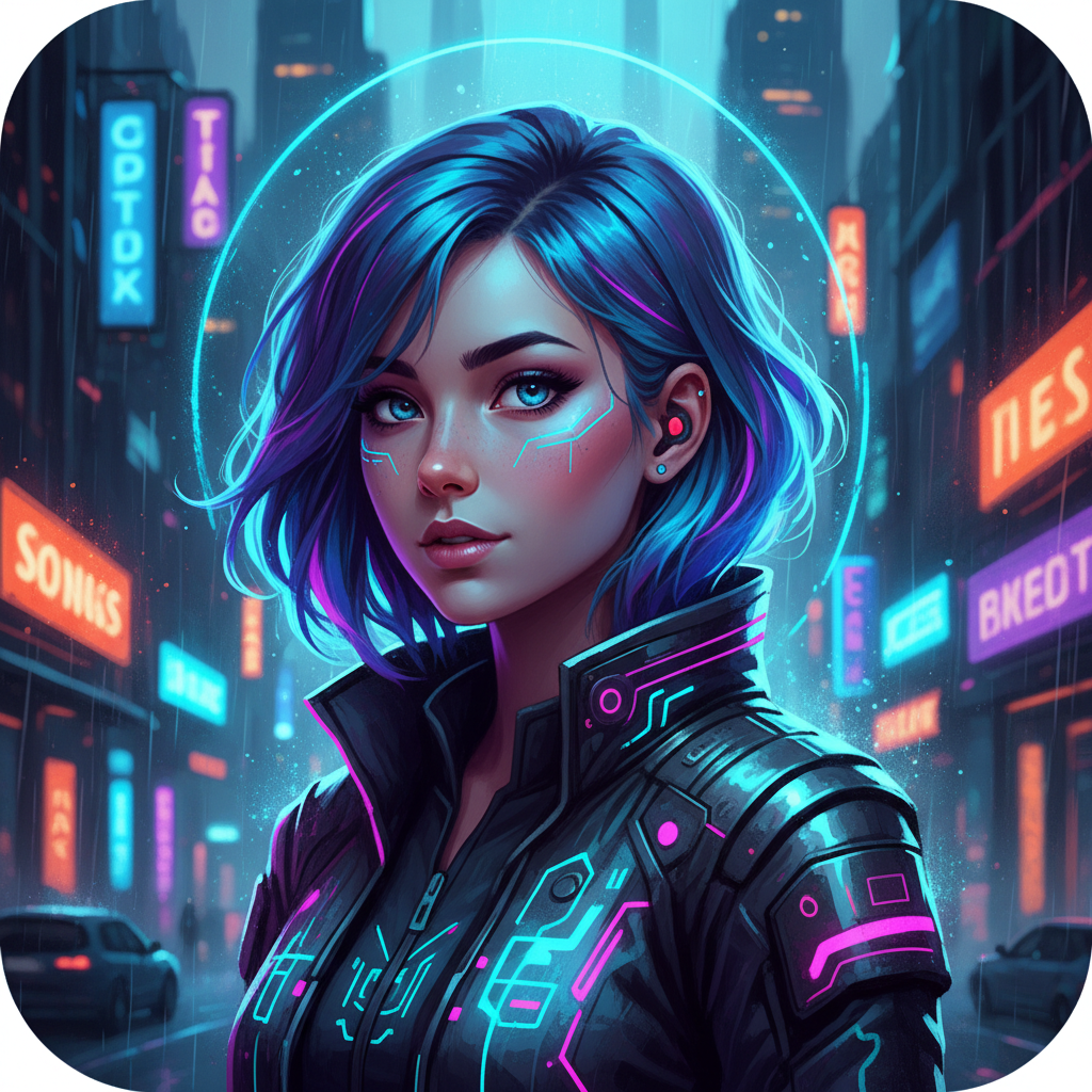Cyberpunk character avatar with neon lighting created with AI image generation