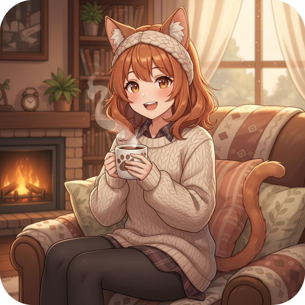 Cozy catgirl companion character illustration generated by AI for a chat profile