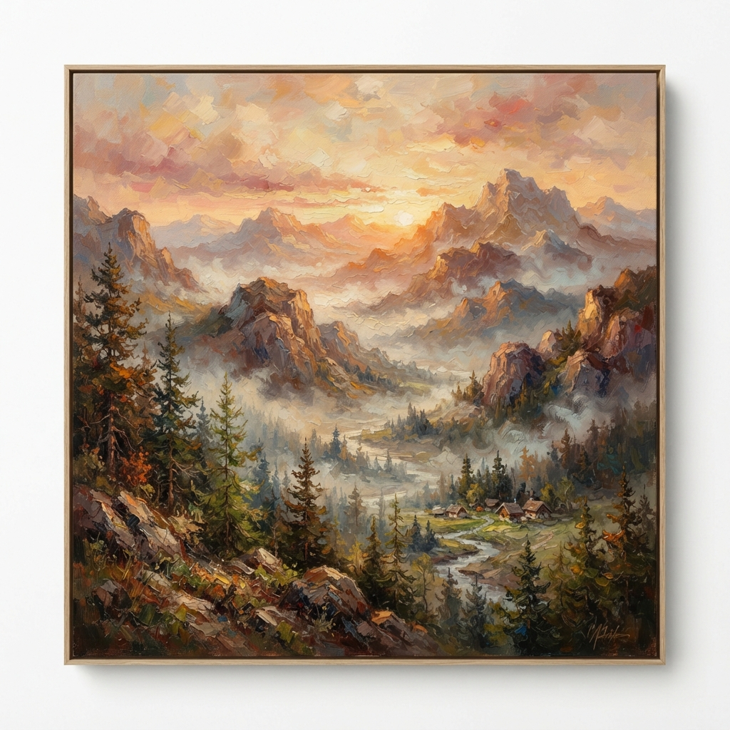 AI image generation vs human art — an AI-generated oil painting of a misty mountain valley at sunrise with visible brushstroke texture, rivaling a human landscape painter