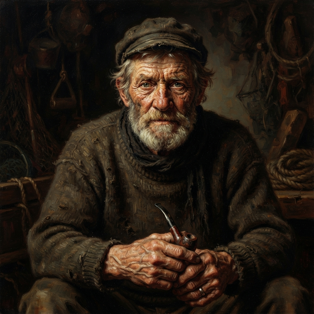 AI image generation vs human art — an AI-generated portrait of an elderly fisherman with dramatic Rembrandt lighting, painterly realism matching a human master painter