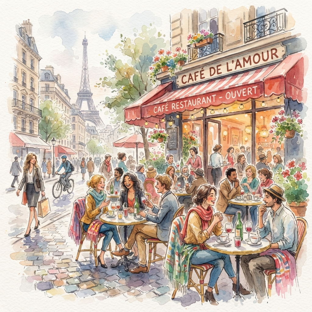 AI image generation vs human art — an AI-generated watercolor illustration of a Parisian street cafe with loose expressive washes, in a human artist watercolor style