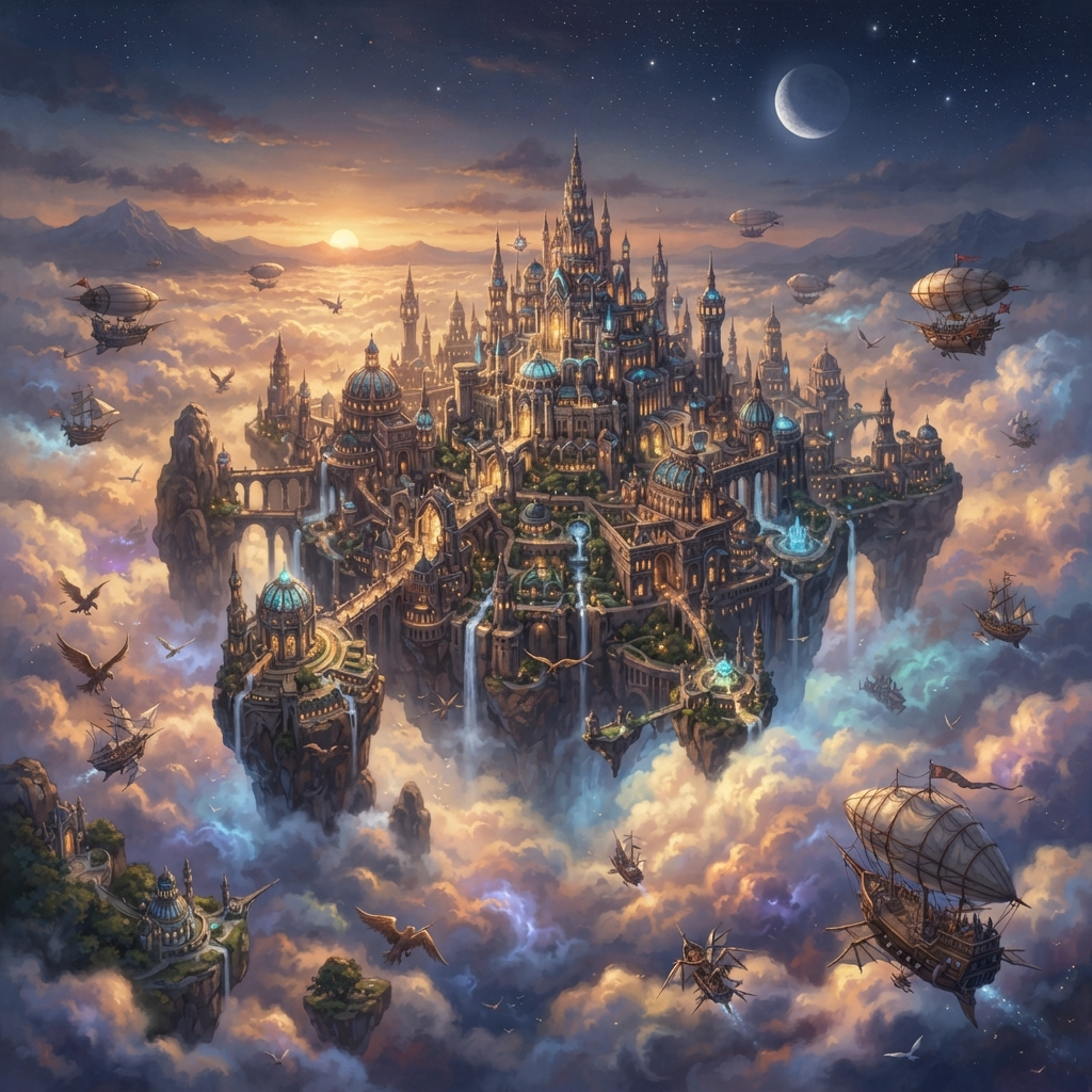 AI image generation vs human art — AI-generated fantasy concept art of a floating city among glowing clouds, matching top human concept artists