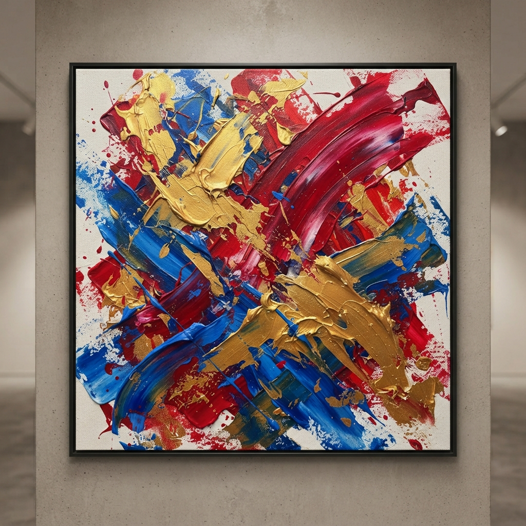 AI image generation vs human art — an AI-generated abstract expressionist canvas with bold strokes of crimson, cobalt and gold, in a contemporary human art style