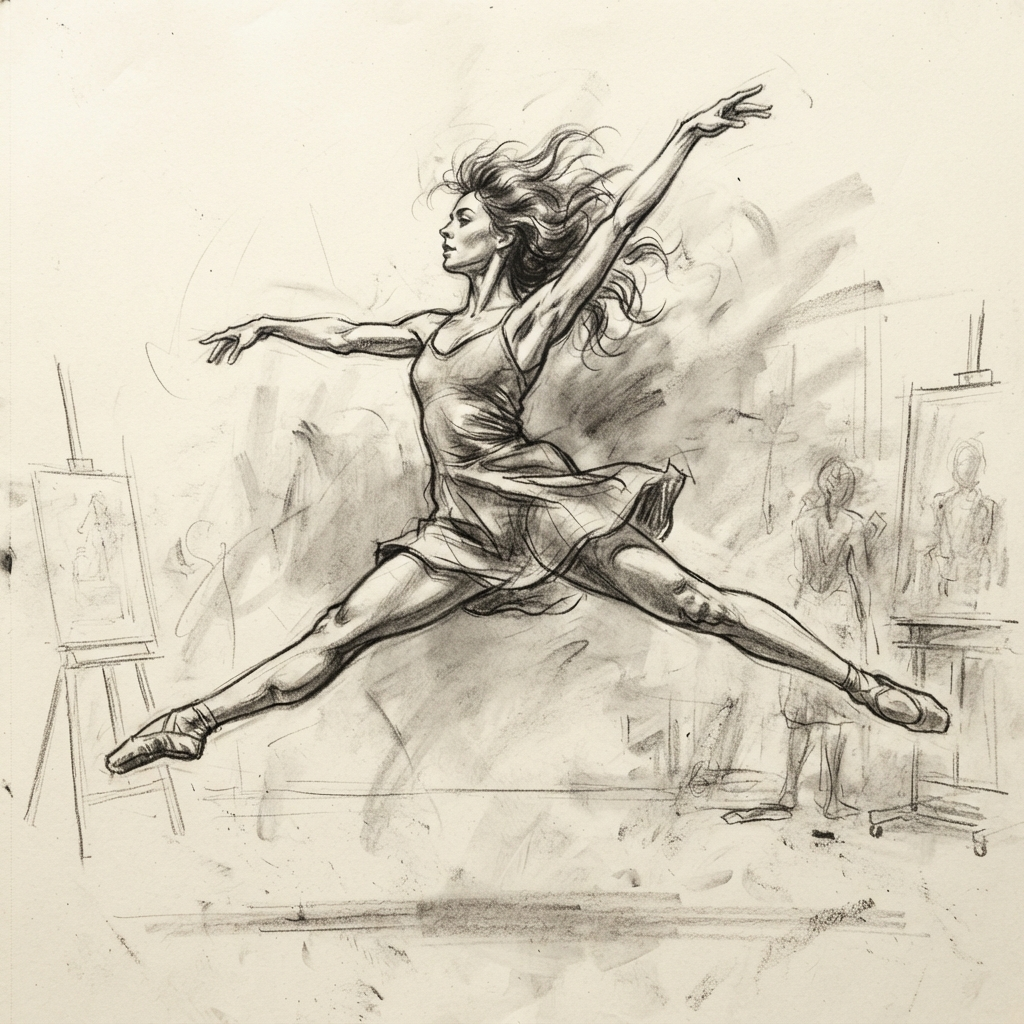 AI image generation vs human art — an AI-generated charcoal sketch of a dancer in motion with expressive linework, matching human life-drawing craft