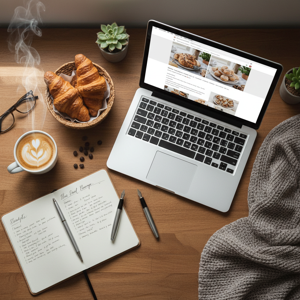 AI image generator for bloggers result — a cozy flat lay blog hero with coffee, notebook and laptop on a warm wooden desk
