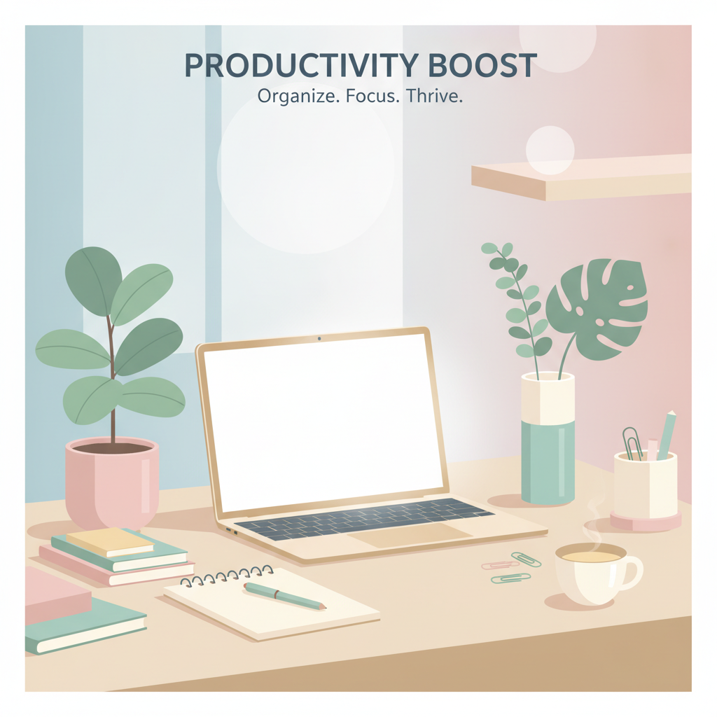 AI image generator for bloggers result — a bright minimalist illustration of a productivity desk workspace with plants and stationery