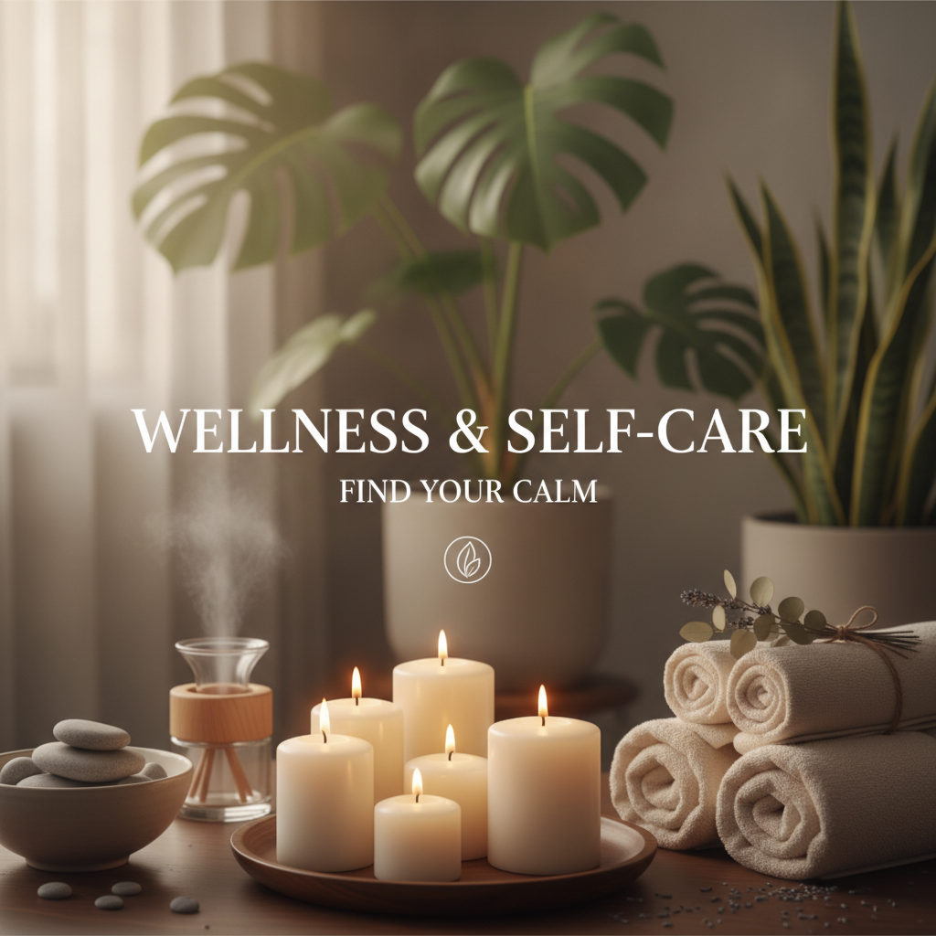 AI image generator for bloggers result — a warm wellness and self-care blog header with candles, towels and greenery